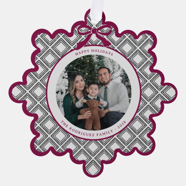 Black Diamond Pattern Holiday Ornament with Photo (Front)