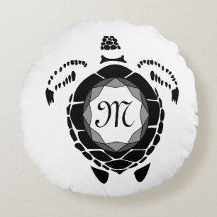 Black Diamond Sea Turtle Silhouette Monogram Round Cushion