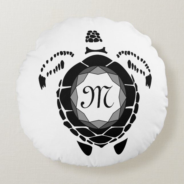 Black Diamond Sea Turtle Silhouette Monogram Round Cushion (Front)