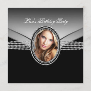 Black Diamond Womans Photo Birthday Party Invitation