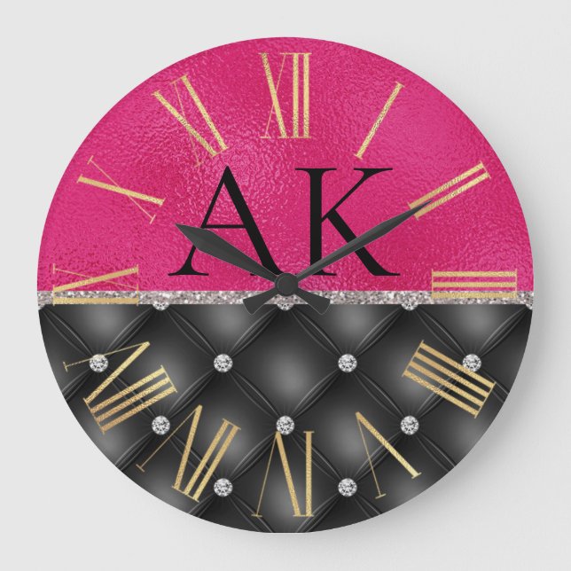 Black Diamonds Cushion on Hot Pink Leather Large Clock (Front)