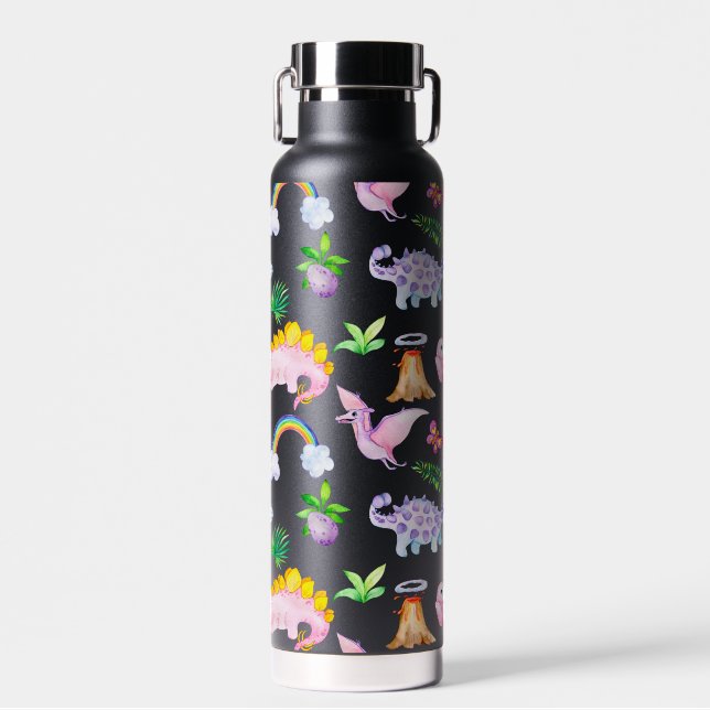 Black dino animals kids birthday gift water bottle (Front)
