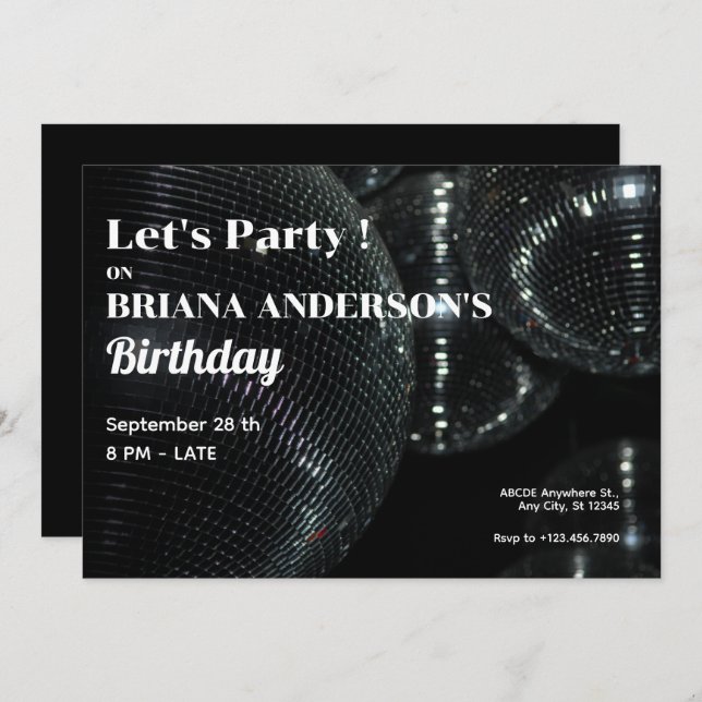 Black Disco Ball  Invitation (Front/Back)