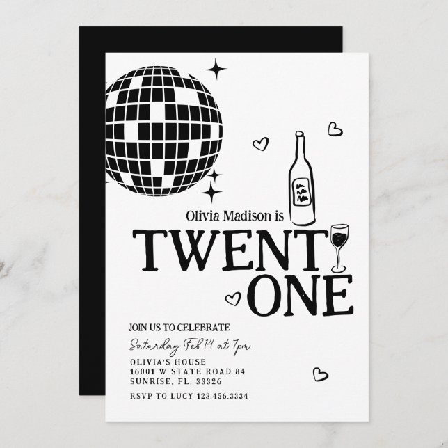 Black Disco Ball Wine 21st Birthday Party Invitation (Front/Back)