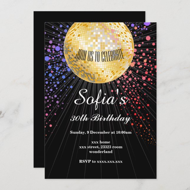 BLACK, disco party, 70's , dancing party Invitation (Front/Back)