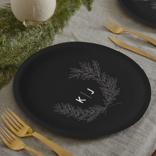 Black Distinguished Monogram Paper Plate (Black distinguished monogram initials personalized wedding party paper plates.)