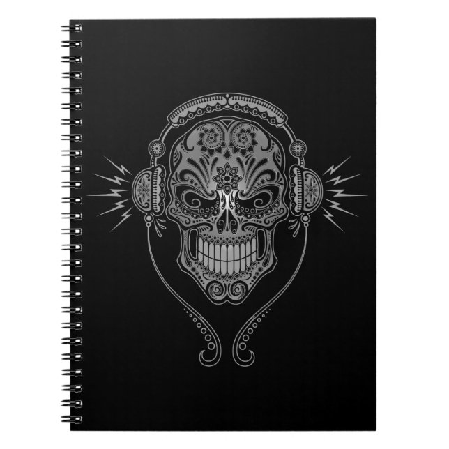 Black DJ Sugar Skull Spiral Notebook (Front)