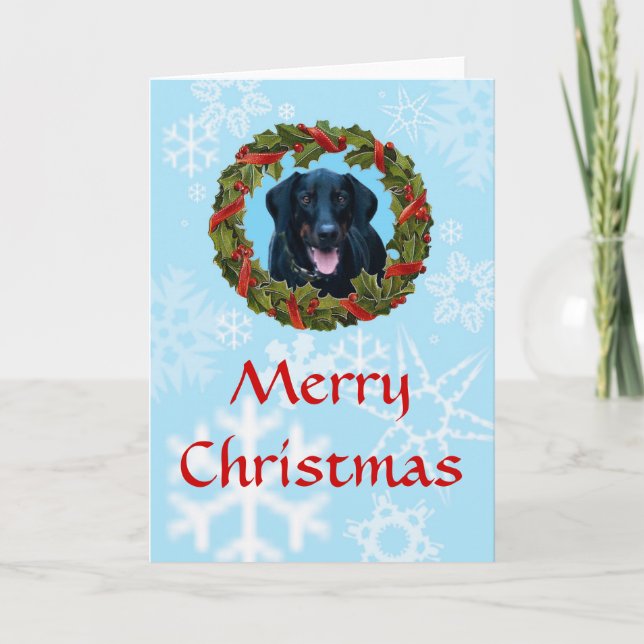 Black Doberman Christmas Card with wreath and snow (Front)
