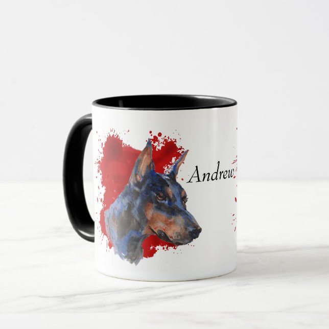 Black Doberman Pinscher Red Abstract Background Mug (Front Left)