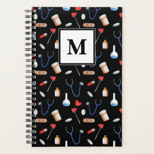Black Doctor Nurse Equipment Pattern Monogram Planner