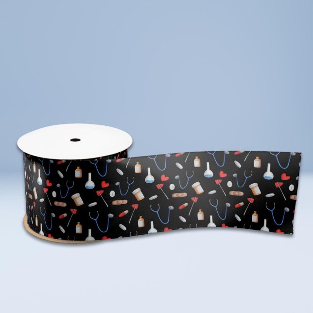 Black Doctor Nurse Medical Tools Pattern Satin Ribbon (Creator Uploaded)