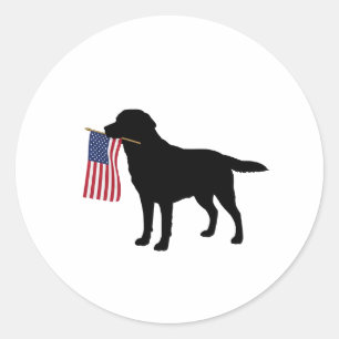 Black Dog Holding American Flag – July 4th Classic Round Sticker