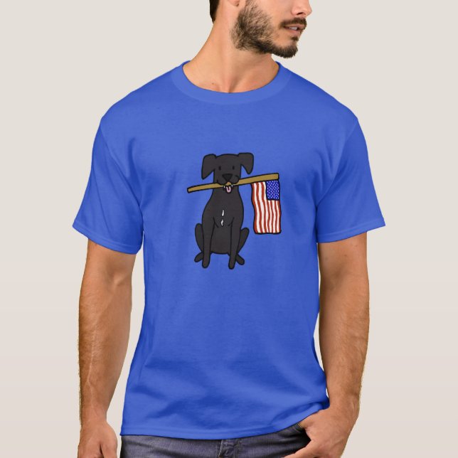 Black Dog holding USA Flag T-Shirt (Front)