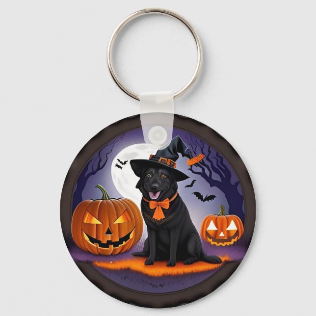 Black Dog in Witch Costume with Pumpkins Key Ring (Front)