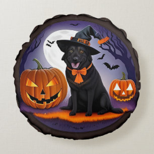 Black Dog in Witch Costume with Pumpkins Round Cushion
