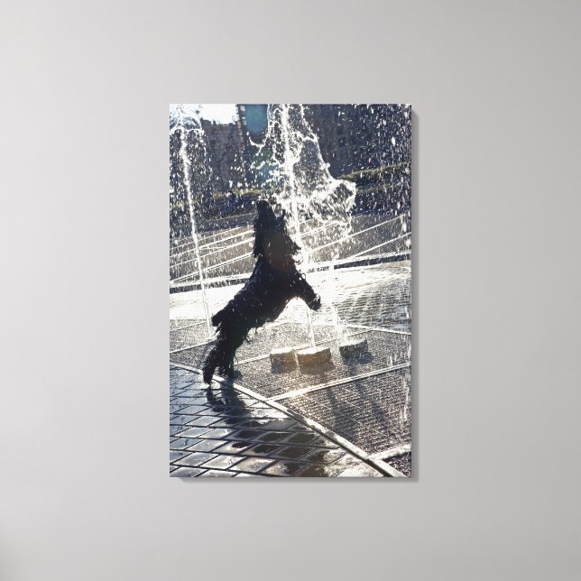 Black dog jumping through fountain on waterside canvas print (Front)