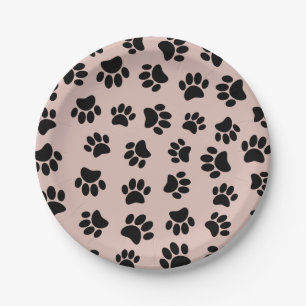 Black Dog Paw Pattern On Rose Gold Paper Plate