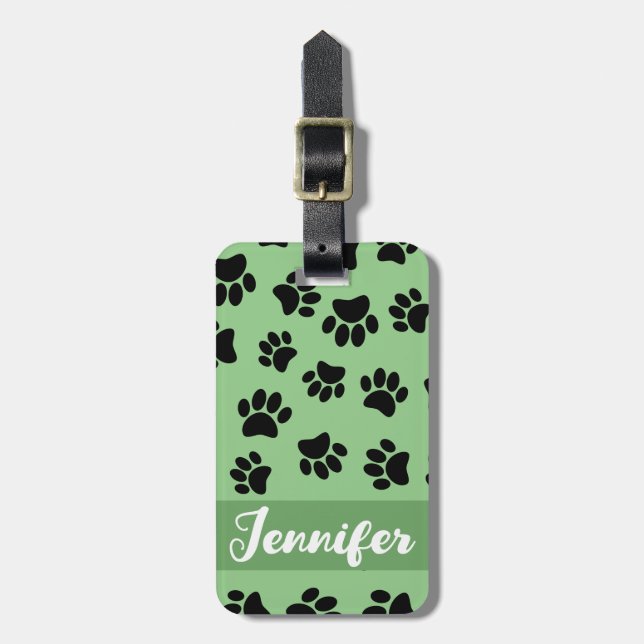 Black Dog Paw Pattern On Sage Luggage Tag (Front Vertical)