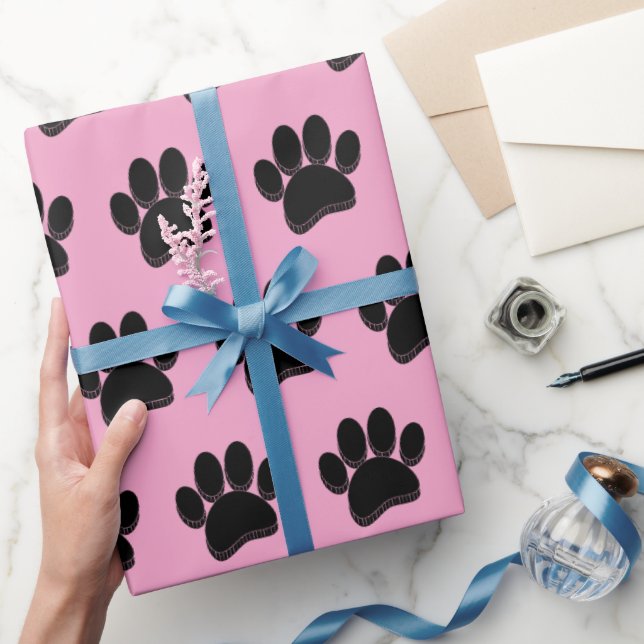 Black Dog Paw Print Hand Drawn Custom Wrapping Paper (Gifting)