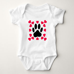 Black Dog Paw Print With Heart Shapes Baby Bodysuit