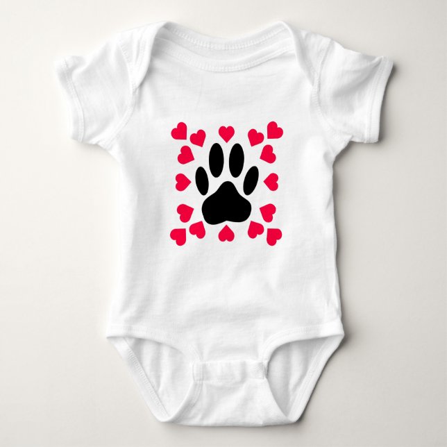 Black Dog Paw Print With Heart Shapes Baby Bodysuit (Front)