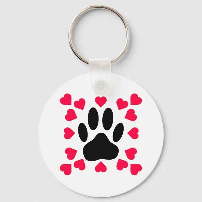 Black Dog Paw Print With Heart Shapes Key Ring (Front)