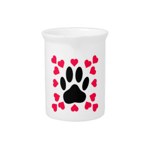 Black Dog Paw Print With Heart Shapes Pitcher