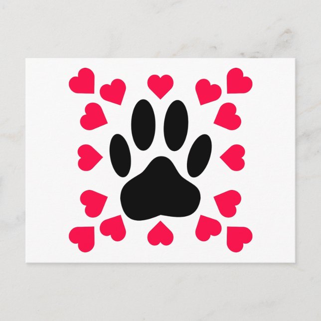 Black Dog Paw Print With Heart Shapes Postcard (Front)