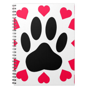 Black Dog Paw Print With Heart Shapes Spiral Notebook