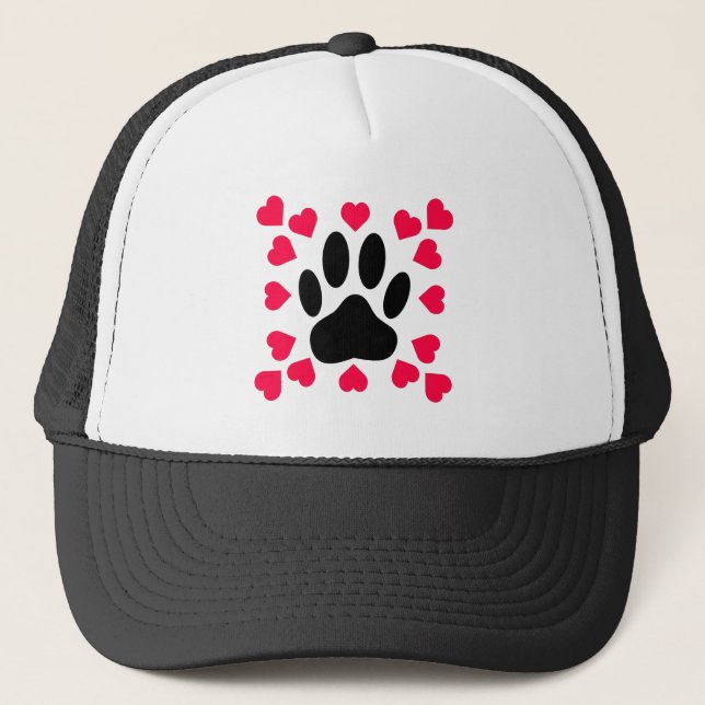 Black Dog Paw Print With Heart Shapes Trucker Hat (Front)