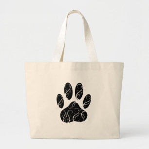 Black Dog Paw Print With White Flourishes Large Tote Bag