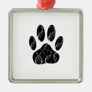 Black Dog Paw Print With White Flourishes Metal Tree Decoration