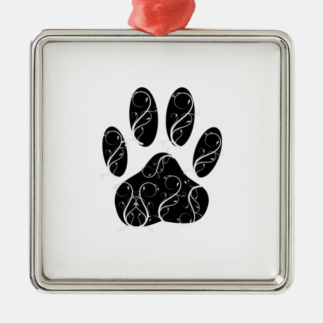 Black Dog Paw Print With White Flourishes Metal Tree Decoration (Front)