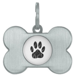 Black Dog Paw Print With White Flourishes Pet ID Tag