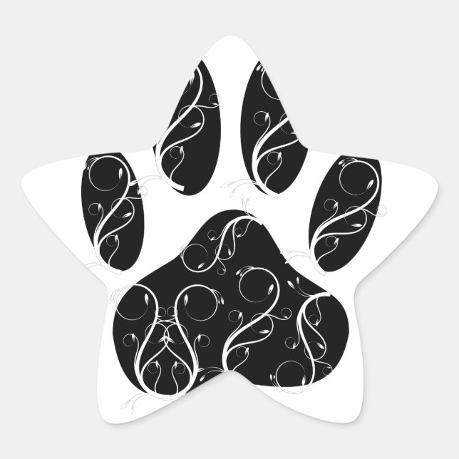 Black Dog Paw Print With White Flourishes Star Sticker (Front)