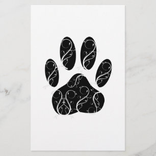 Black Dog Paw Print With White Flourishes Stationery