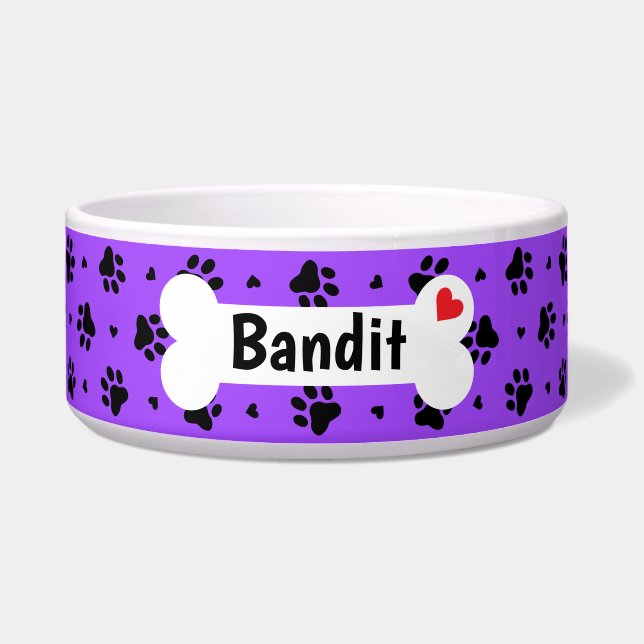 Black Dog Paw Prints and Hearts Pattern Bowl (Front)