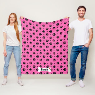 Black Dog Paw Prints and Hearts Pattern Fleece Blanket