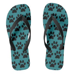 Black Dog Paw Prints On Blue Green Turquoise Jandals