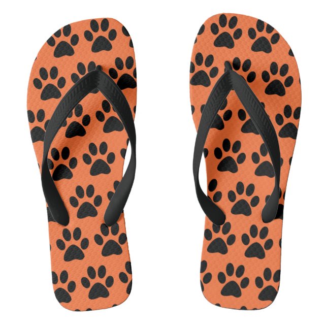Black Dog Paw Prints On Carrot Orange Jandals (Footbed)