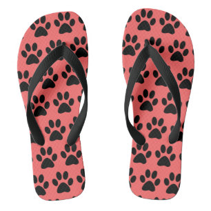 Black Dog Paw Prints On Dark Coral Jandals