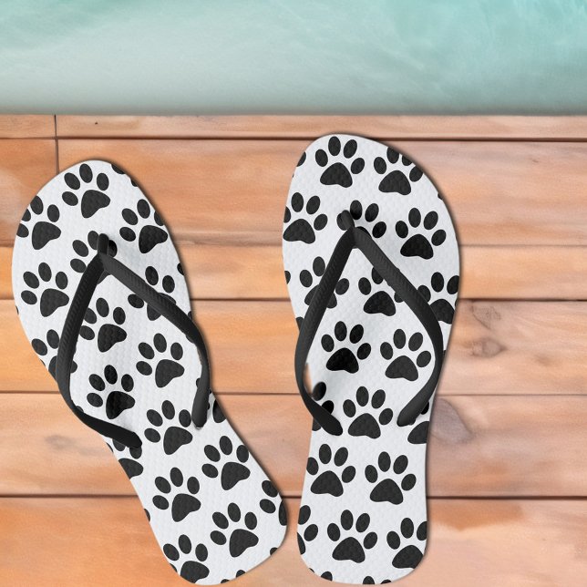 Black Dog Paw Prints On White Jandals (Black Dog Paw Prints Flip Flops Available with thick or thin straps in sizes for men,  women & kids!)
