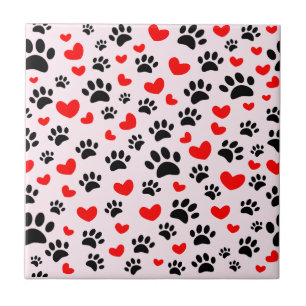 Black Dog Paw Prints Red Hearts Light Pink Tile