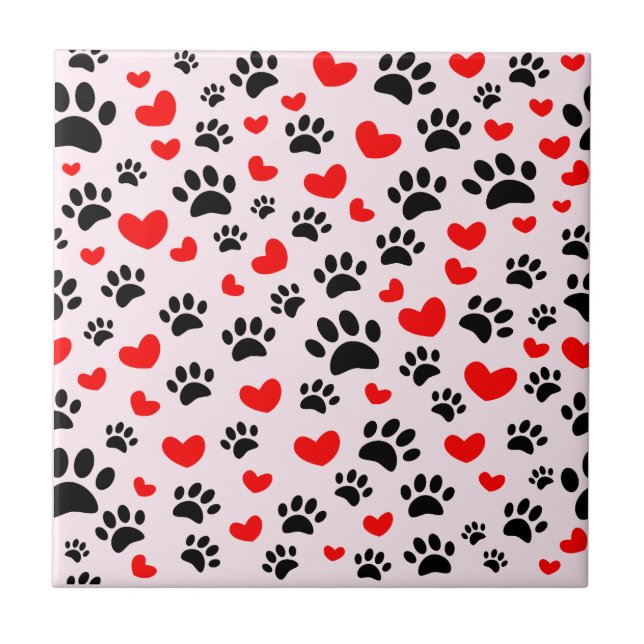 Black Dog Paw Prints Red Hearts Light Pink Tile (Front)