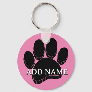 Black Dog Pawprint Hand Drawn Custom Name Pink Key Ring