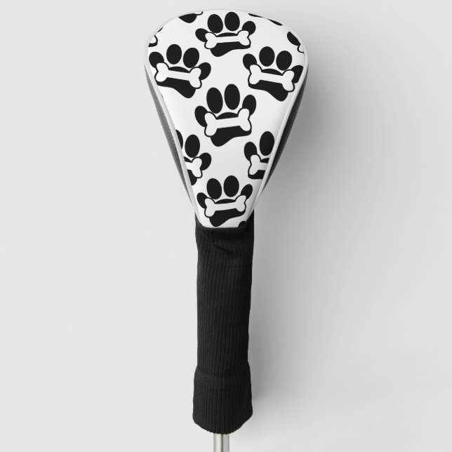 Black Dog Paws White Bones Print Pattern Golf Head Cover (Front)