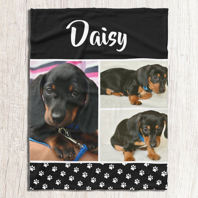 Black Dog Pet Lover Photo Collage Pawprint Fleece Blanket (Creator Uploaded)