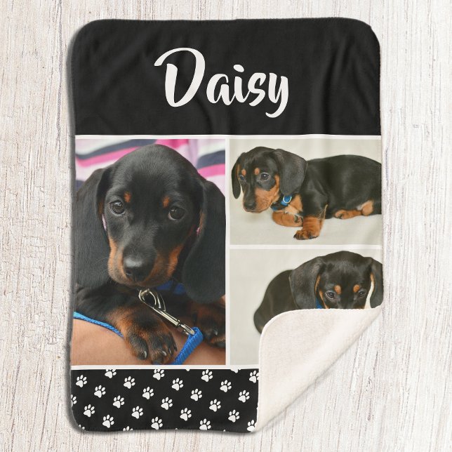 Black Dog Pet Lover Photo Collage Pawprint Sherpa Blanket (Creator Uploaded)