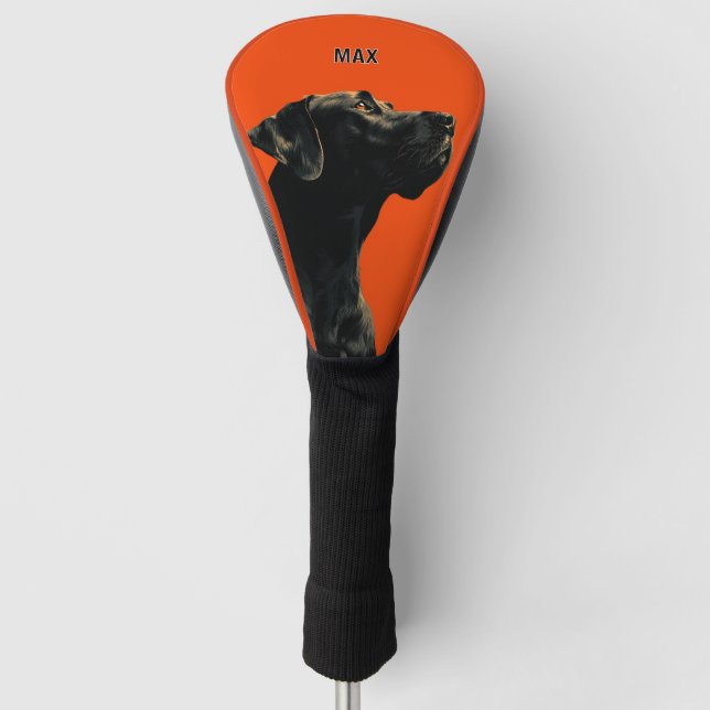 Black Dog Portrait on Orange Background Golf Head Cover (Front)