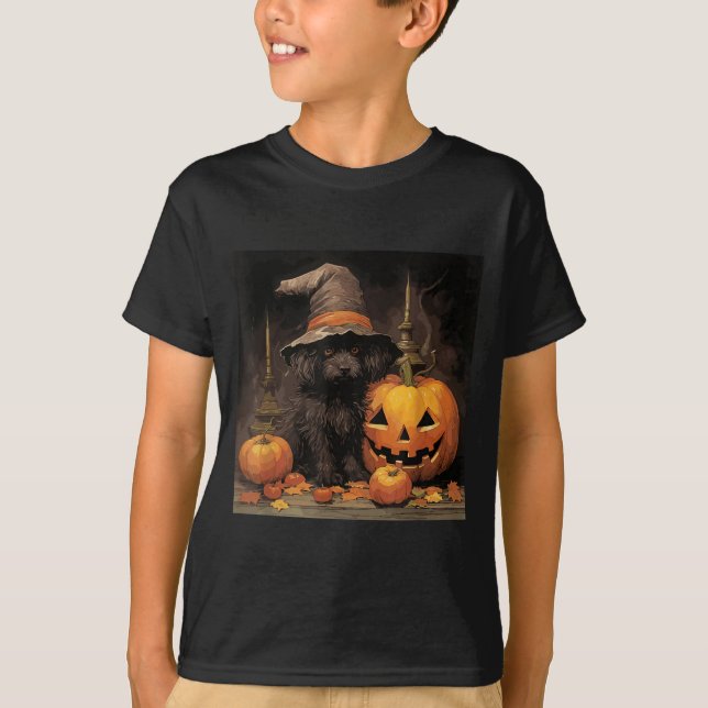 Black Dog Witch Hat Halloween T-Shirt (Front)